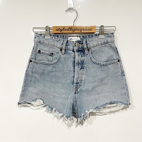 Zara Destroyed High Rise Relaxed Fit Denim Shorts - Picture 1 of 8